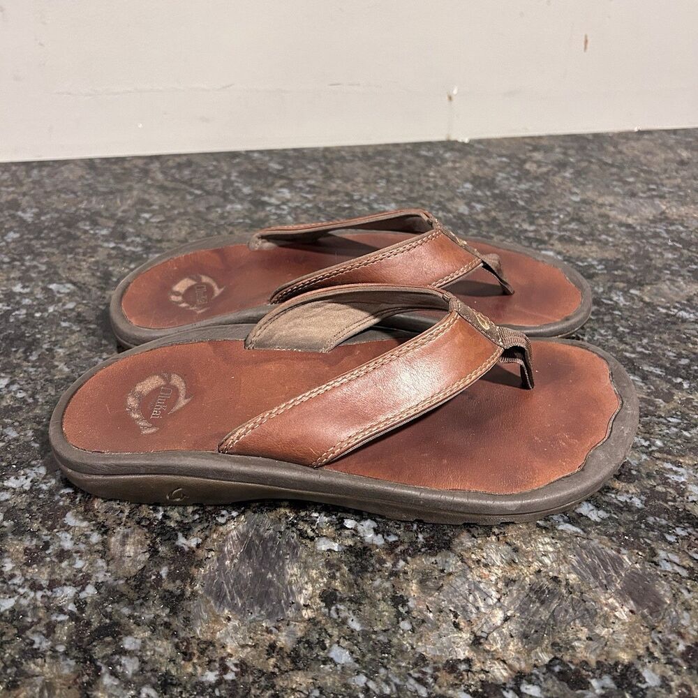 Men's Olukai Ohana Full-Grain Leather Flip-Flops Thong Sandals Size 8 EU 41
